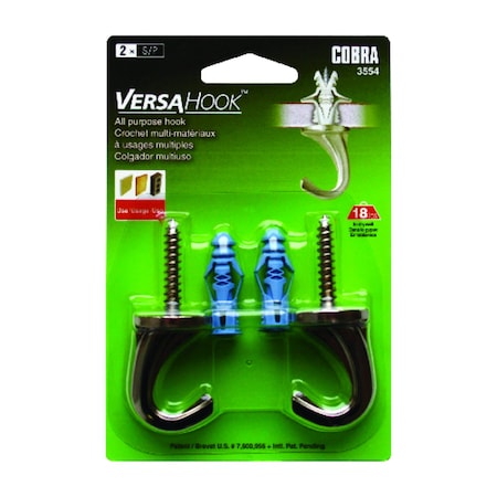 Versahook Cobra Versahook 2-1/2 in. L Brushed Nickel Steel Small Hook 18 lb. cap. 2 pk 3554